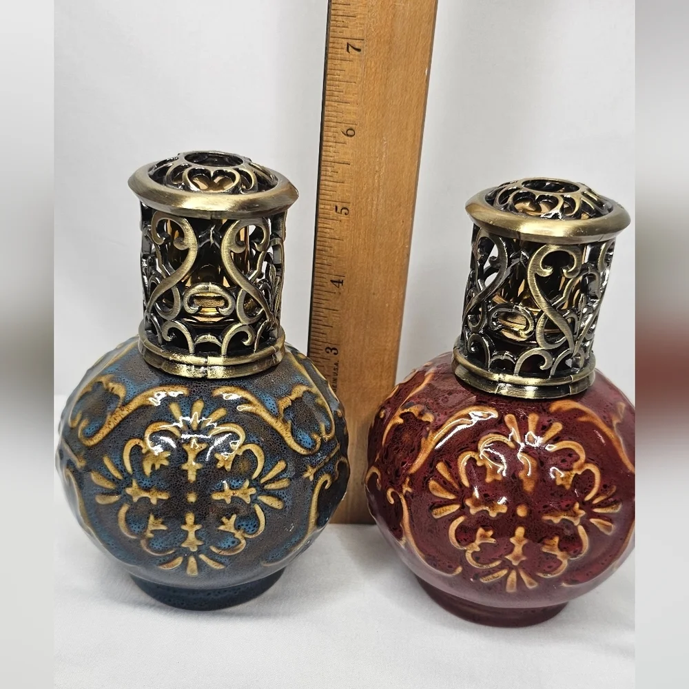 Vintage Ceramic Diffusers With Ornate Metal Scroll Lid Blue & Maroon